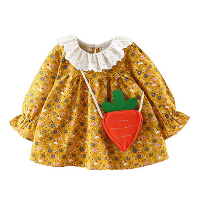 

Baby Girl Dress Autumn Toddler Floral Pattern Clothes Long Sleeve Cotton Dresses Outfits with Bag