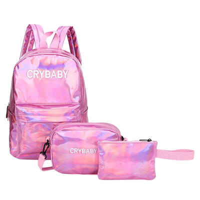 

3pcsSet Letters Unisex Street Laser Leather Backpacks Student Shoulder Bag