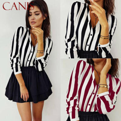 

Women Long Sleeve V-neck Loose Tops T Shirt OL Ladies Plain Casual Button Blouse