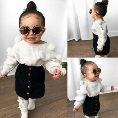 

Toddler Baby Kids Girls Hairball Knit TopsButton Mini Skirt Warm Outfits Sets