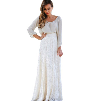 

Roseonmyhand Women Lace Double Layer Pleated Long Maxi Skirt Elastic Waist Skirt