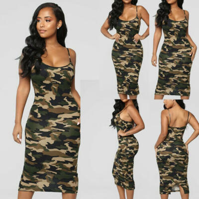 

Womens Ladies Spaghetti Strap Army Leopard Print Stretch Bodycon Midi Dress