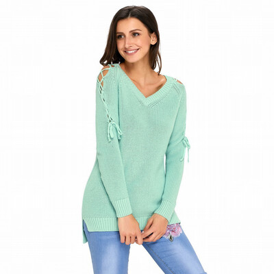 

V-neck long-sleeved lace shoulder loose knit sweater casual pullover top