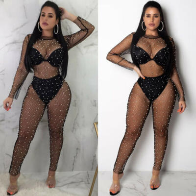 

Lady Sexy Crystal Mesh Bikini Cover Up Swimwear Bathing Swimsuit Beach Dress Set