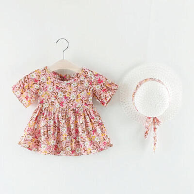 

Sweet Kids Baby Girl Short Sleeve Dress Flower Party Pageant DressesHat Sunsuit
