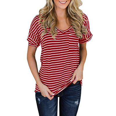 

Starmoon Womens Casual V-neck Short Sleeve Pocket Striped Top T-Shirt