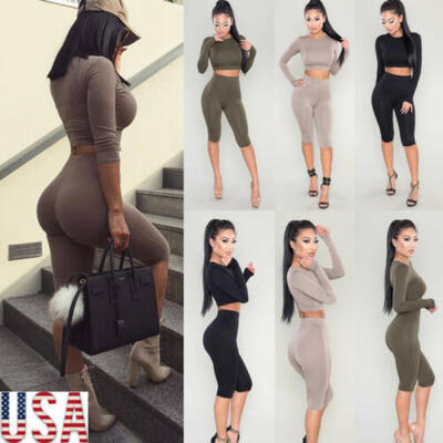 

New Women Crop Top Blouse Pants Two-piece Playsuit Bodysuit Jumpsuit Romper Set