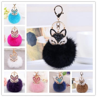 

Cute Fox Fur Ball Pearl Rhinestone Zinc Alloy Fox Head Keychain Key Pendant Backpack Pendant