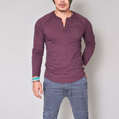 

Mens Casual Solid V Neck Slim Fit Tops T Shirt Long Sleeves Button Muscle Tee