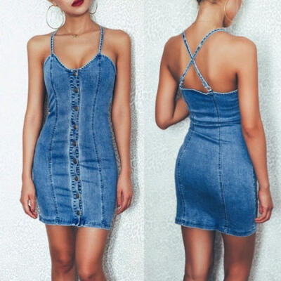 

Sexy Ladies Womens Bodycon Denim Button Sleeveless Backless Mini Dress Summer