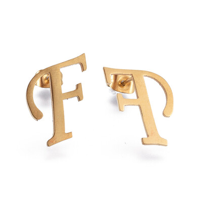 

304 Stainless Steel Stud Earrings Alphabet LetterF 13x12x1mm Pin 07mm