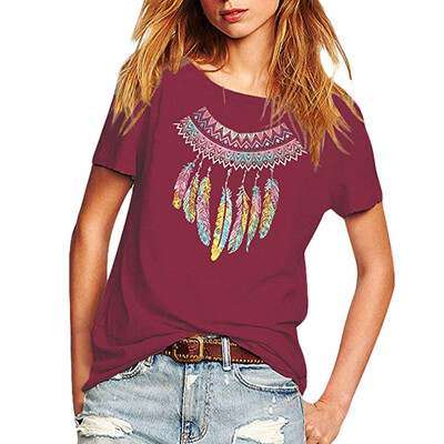 

Nomeni Women Summer Feather Printing Short Sleeve Tunic T-Shirt Tops Blouse