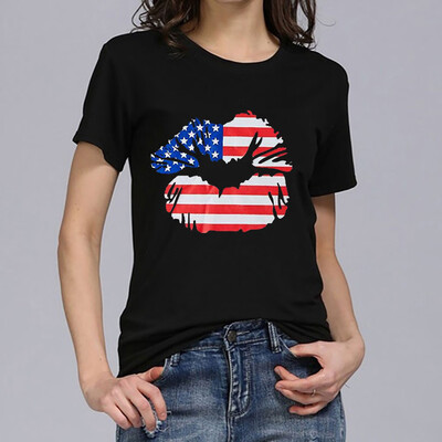 

Starmoon Women Plus Size Lips Independence Day Print Short Sleeve T-Shirt Blouse Tops