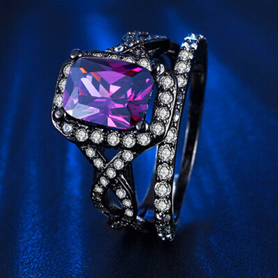 

Fashion Black Gold Plated Crystal Purple Amethyst Jewelry Wedding Engagement Ring