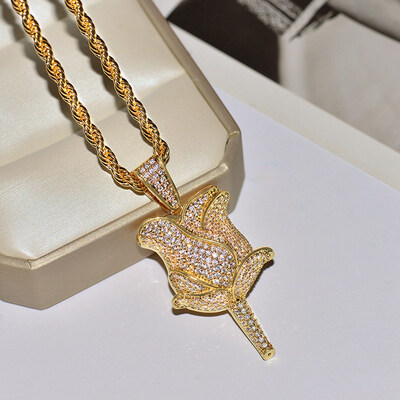 

Fashion Flower Petals Necklace Pendant Iced Zircon Mens Hip Hop Jewelry
