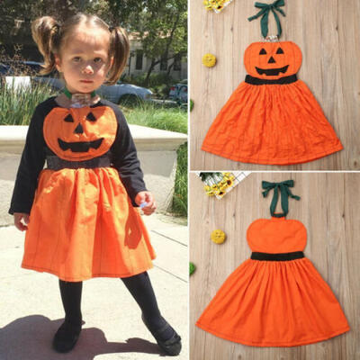 

UK Toddler Kids Baby Girl Pumpkin Dresses Overall Halloween Fancy Party Dress