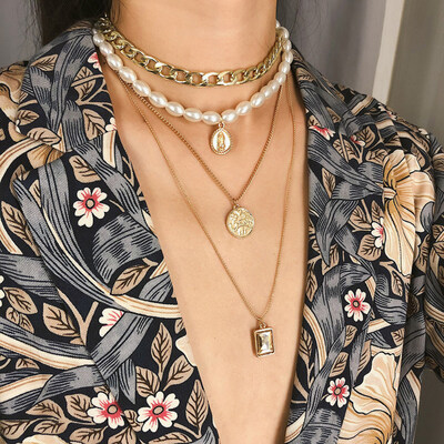 

Vintage Multilayer Coin Pendant Faux Pearl Sweater Chain Necklace Jewelry Decor