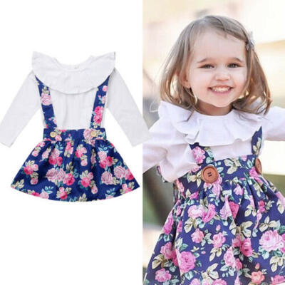 

Toddler Kids Baby Girl Long Sleeve Tops Floral Suspender Skirt Overalls Outfit