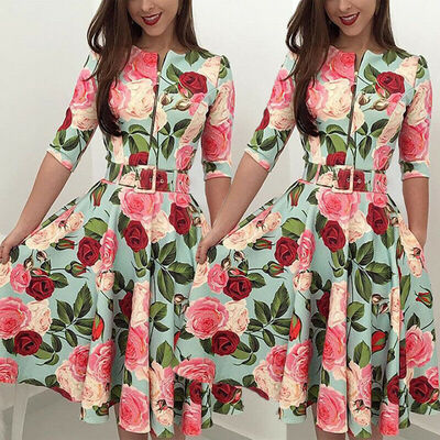 

Women Retro Tunic Long Sleeved Floral Print Bodycon Skater Dresses Vintage Dress