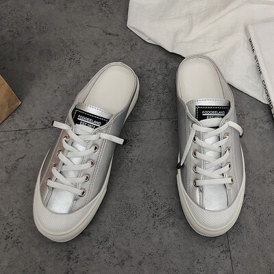 

Small white shoes womens spring Korean version of the fashion hundred flat bottoms without heeled canvas shoes top half slippers