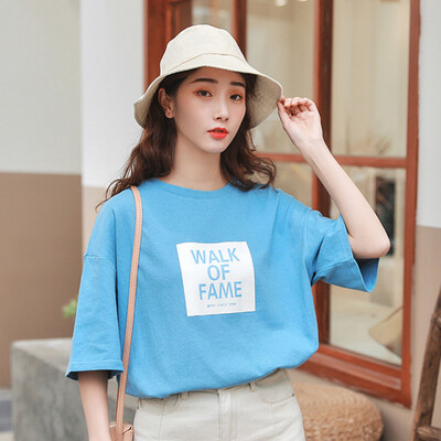 

JOY OF JOY Jingdong Womens 2019 Summer New Short Sleeve T-Shirt Female Korean Loose Round Neck Turtleneck Letter Print Top Women JWTD191840 Blue M