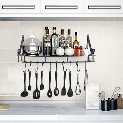 

Gobestart Kitchen Shelf Folding Kitchen Wall Hanging Pot Rack With 10 Hooks Black