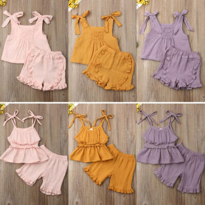 

US Stock 2PCS Kids Baby Girl Strap Dress TopsShort Pants Summer Outfits Clothes
