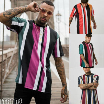 

Mens Round Neck Short-Sleeved Cotton T-Shirt Fashion Loose Striped T-Shirt Top