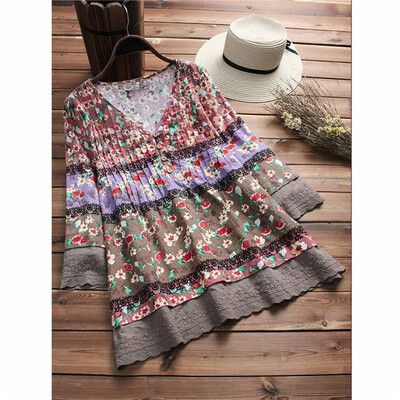 

Womens Summer Floral V Neck Blouses Loose Baggy Tops Tunic T Shirts Plus Size