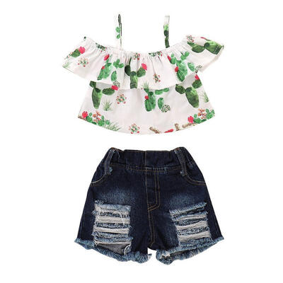 

2Pcs Newborn Baby Girl Cactus Print Off Shoulder Tops Ripped Short Jeans Clothes