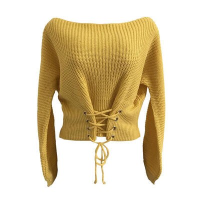

Autumn Lace Up Women Knitted Sweaters Pullovers Solid Waist Bandage Tops