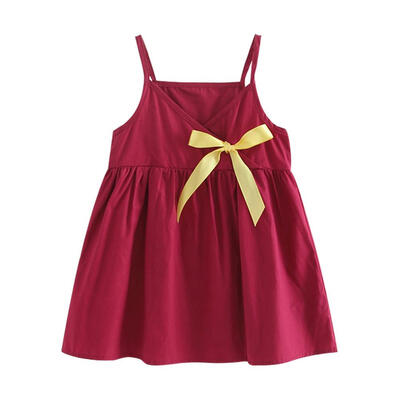 

Kids Girl Wine Red Strap Dress Ribbon Bow Princess Summer Party Dresses