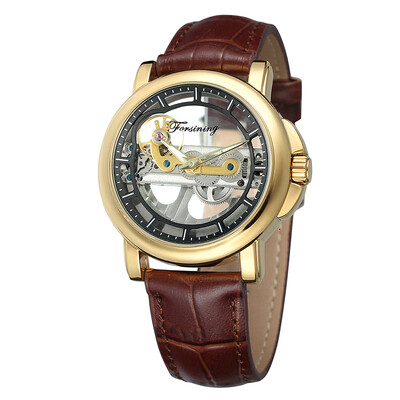 

FORSINING high-grade waterproof leather steel belt double through hollow automatic mechanical watch mens watch