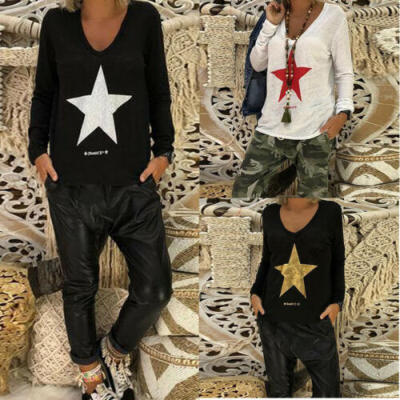 

Fashion Women Summer Star Long Tops Blouse Ladies Long Sleeve T-Shirt Dress UK