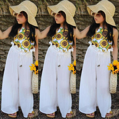 

2019 Kids Baby Girl Clothes Sunflower TopsRuffle Long Pants Summer Outfits Set
