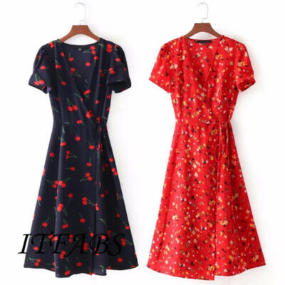 

Women Boho Midi Short Sleeve V Neck Floral Dress Split Travel Beach Sundress