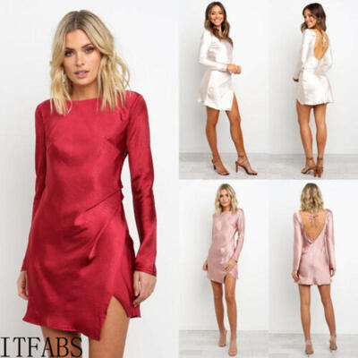 

CA Autumn Women Long Sleeve O Neck Irregular Split Openwork Backless Mini Dress