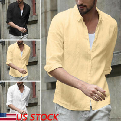 

Mens Cotton Linen Short Sleeve Summer Shirts Casual Loose Dress Soft Tops Tee US