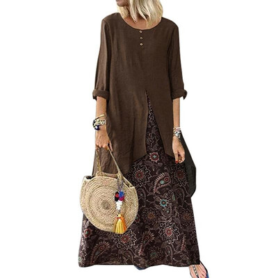 

Vintage Women Autumn Floral Print Splicing Dress Fake Two Pieces O Neck Long Sleeve Button Holidays Maxi Dress