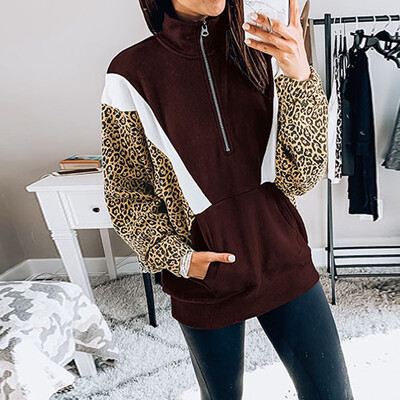

Toponeto Women Fashion Stand Collar Zipper Pockets Leopard Print Outwear Pullover Tops