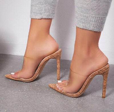 

2019 European&American summer imitation wood with transparent pointed thin high heel half drag dress female sandals 666-36 Cam