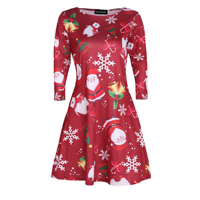 

New Fashion Casual Womens Long Sleeve Santa Snowman Printed Colourful Christmas Dress