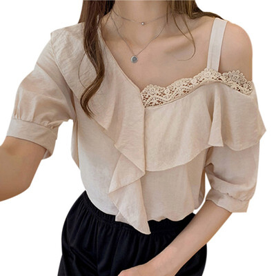 

Women Summer flounced chiffon Solid Color Off Shoulder Stitching Round Neck Short Sleeve Hollow Chiffon Casual Shirt