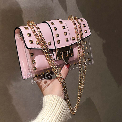 

Tailored Womens Fashion Rivet Diagonal Package Transparent Shoulder Bag Chain Bag