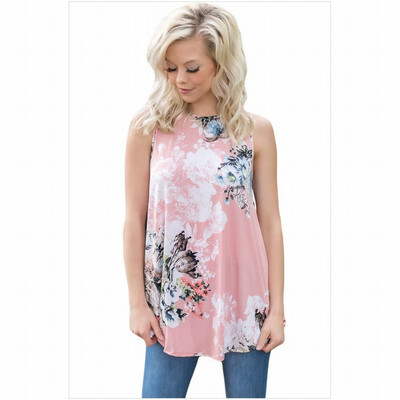 

High-neck sleeveless floral print vest-style casual straight top