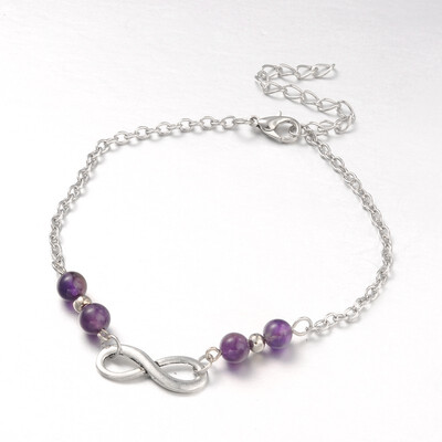 

Fashion Tibetan Style Alloy Infinity Anklets with Amethyst Beads Zinc Alloy Lobster Claw Clasps&Iron Chains Antique Silver