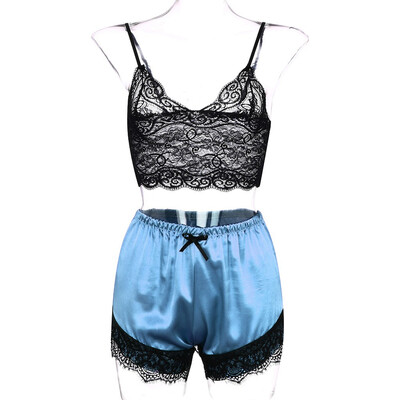 

Toponeto New Women V-Neck Silk Lace Sexy Stain Trim Camisole Pajamas Sleepwear Shorts Set