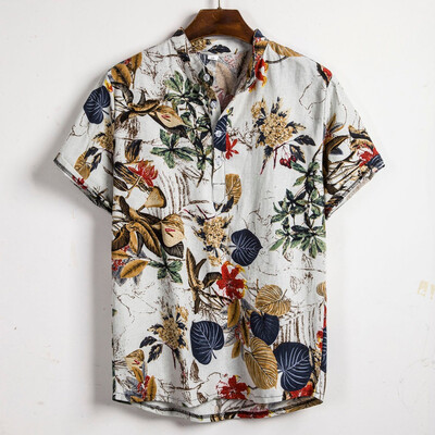 

Toponeto Mens Ethnic Short Sleeve Casual Cotton Linen Printing Hawaiian Shirt Blouse