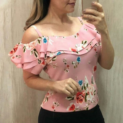 

Summer Womens Casual Holiday Ruffled Off Shoulder Sling Printed T-shirts Tops