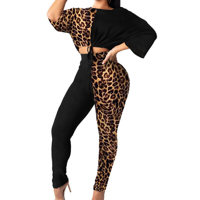 

Toponeto Womens Leopard Print Drawstring Sexy Casual Sweatshirt Two-Piece